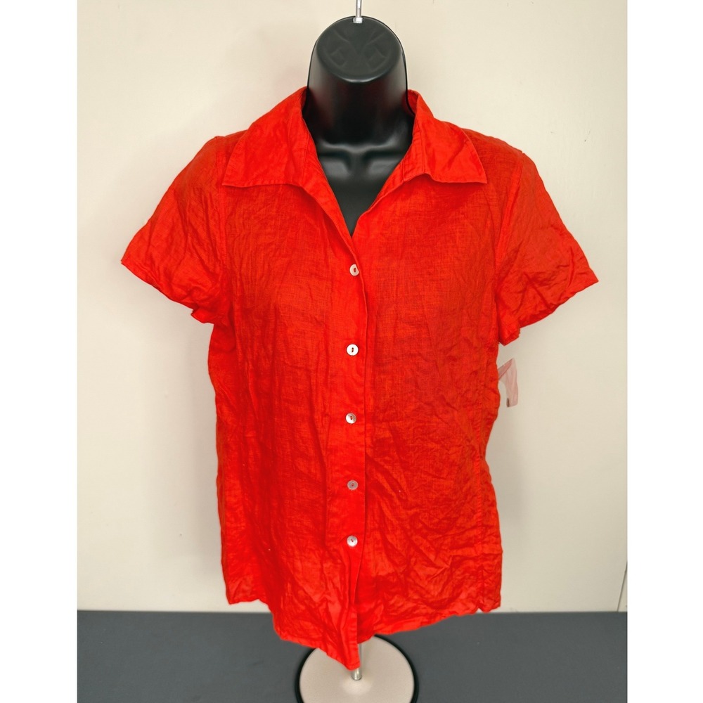 David N Women's Button Front Short Sleeve Linen Blouse Orange Size Medium